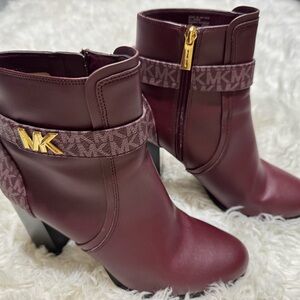 Michael Kors Red Heeled Boots with Chunky Heel and Gold Hardware